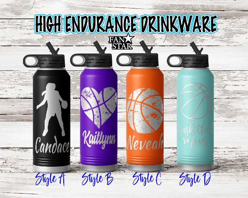 Engraved Basketball Stainless Steel Water Bottle, Choose Your Customizations