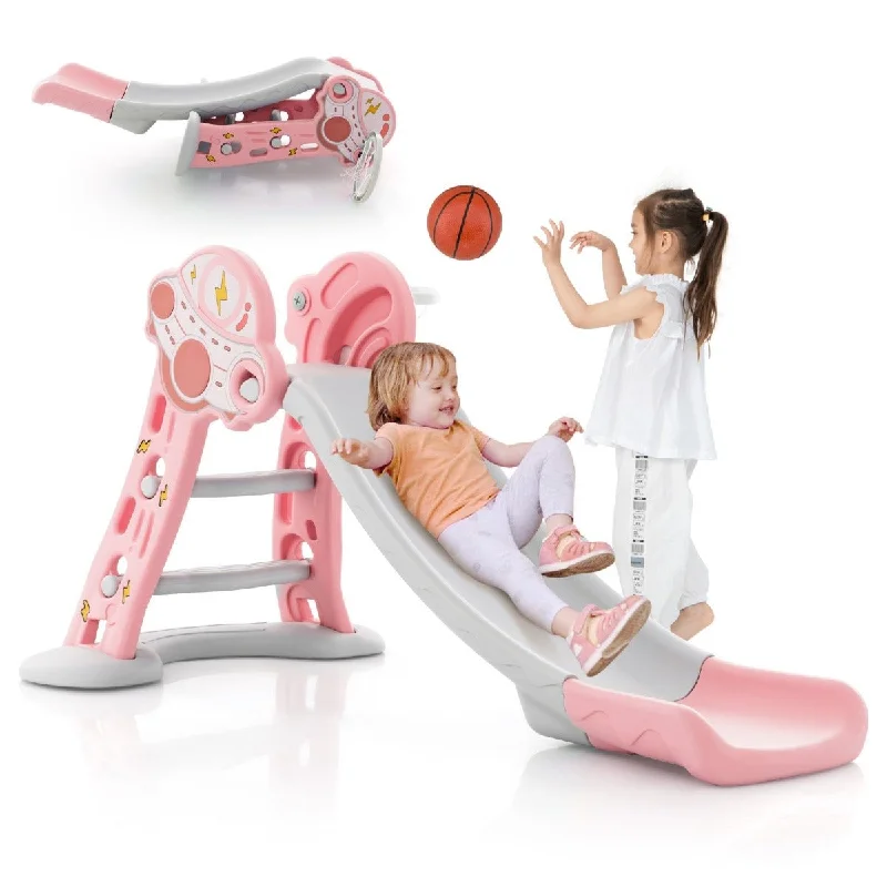 Pink 3 in 1 Toddler Slide & Basketball Set | Indoor Playset